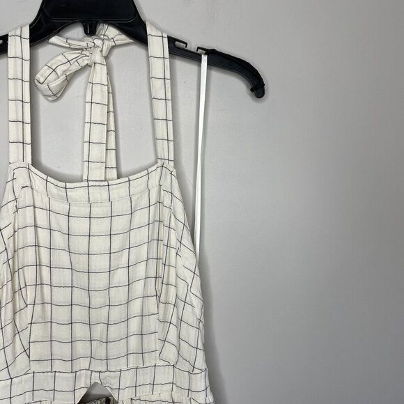 PAMELA LOVE Dress Womens Medium Plaid Halter Apron Midi Ivory Open Back Pockets - Picture 3 of 11